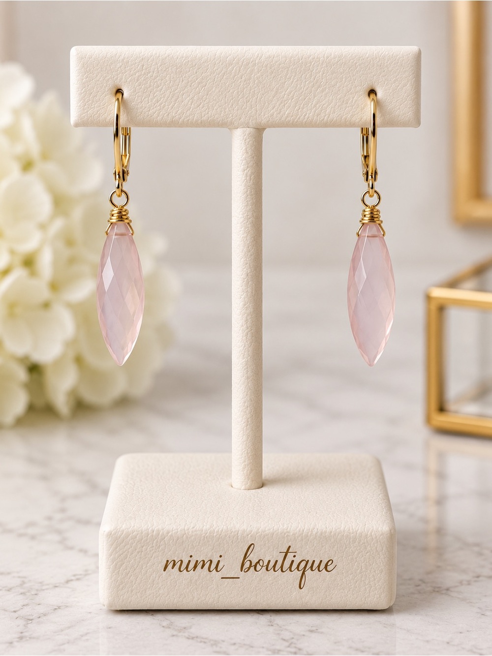 Pale Pink Chalcedony Marquis Earrings Gold Tone Nickel Free